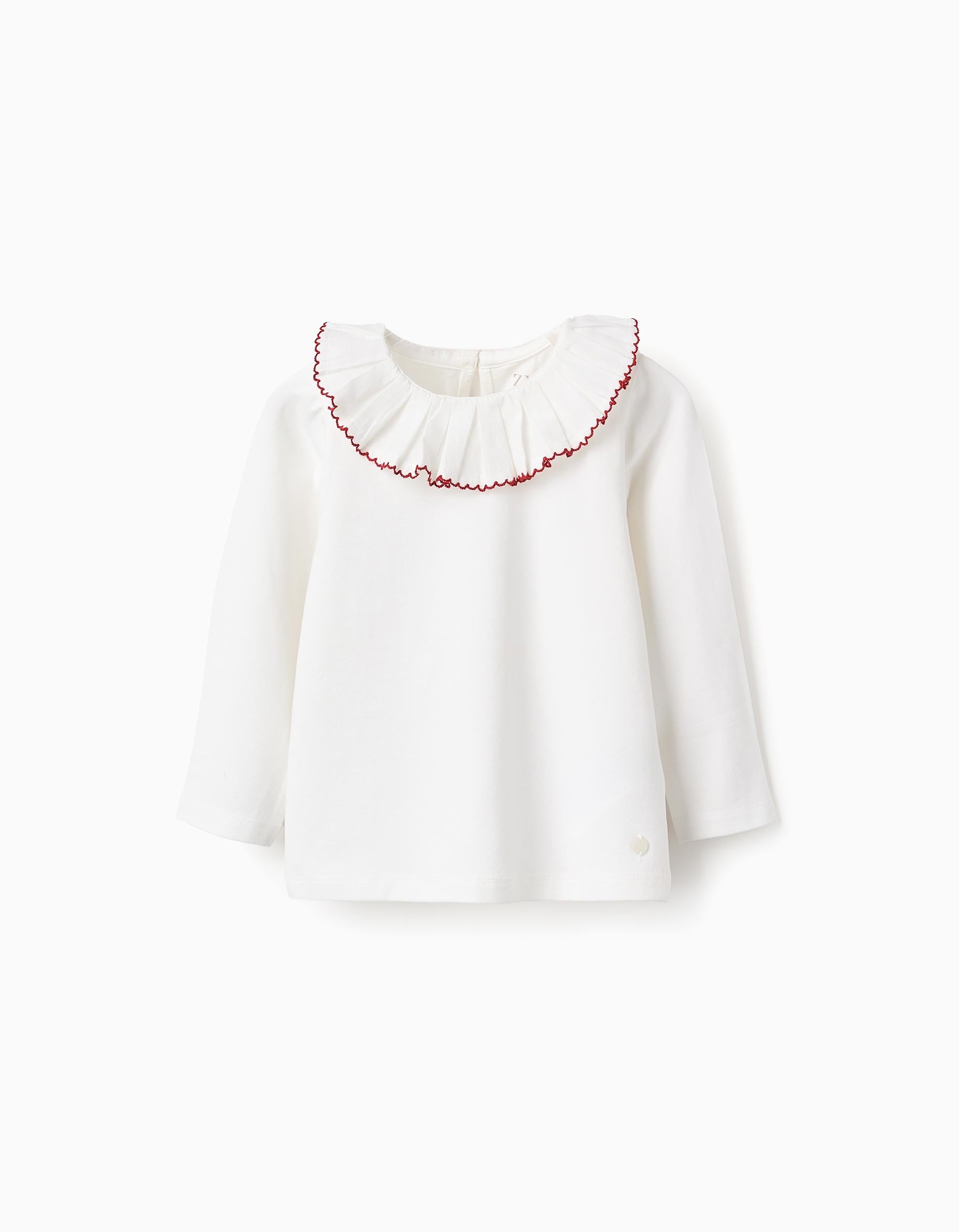 Long-sleeved T-shirt with Pleated Collar for Baby Girls, White