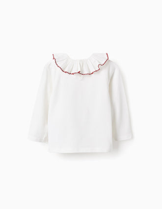 T-shirt de Manga Comprida com Gola Plissada para Bebé Menina, Branco