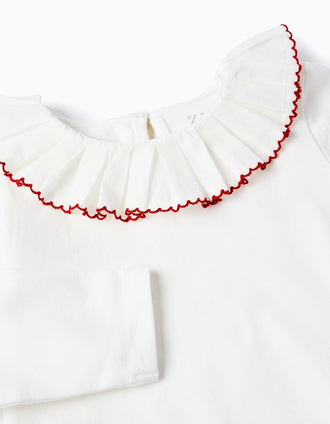 Camiseta de Manga Larga con Cuello Plisado para Bebé Niña, Blanco