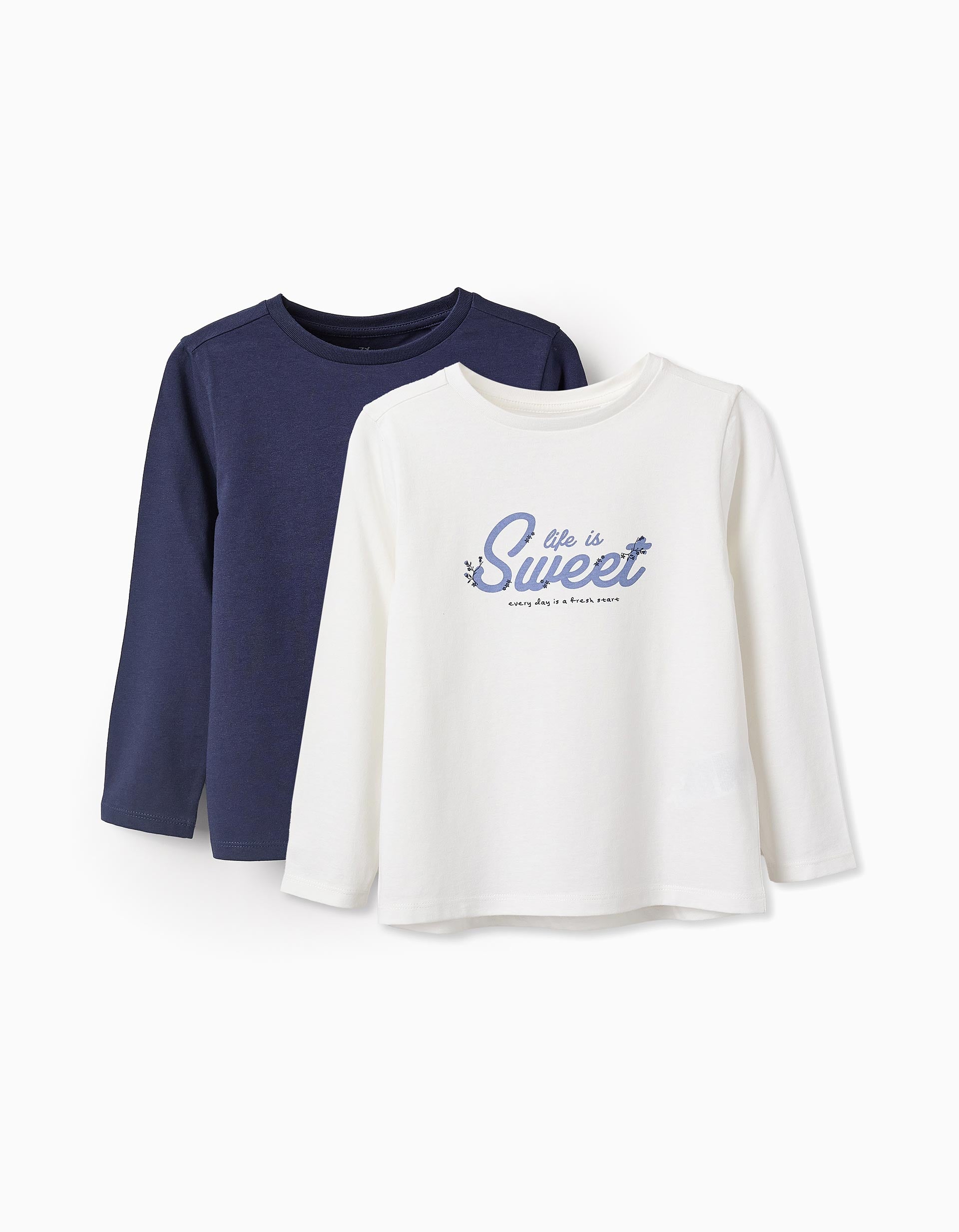 Pack of 2 Long Sleeve T-shirts for Girls 'Sweet', White/Blue