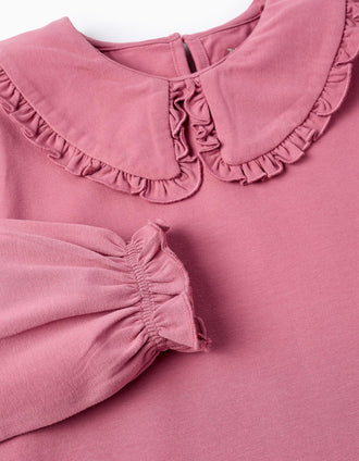 T-shirt de Manga Comprida com Folhos para Menina, Rosa
