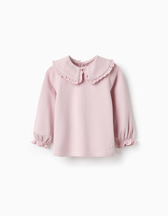 Camiseta con Cuello Claudine y Volantes para Bebé Niña, Rosa Claro