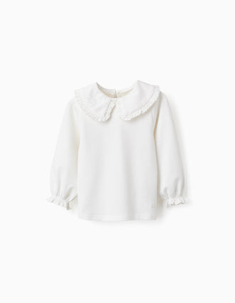 Camiseta con Cuello Claudine y Volantes para Bebé Niña, Blanco
