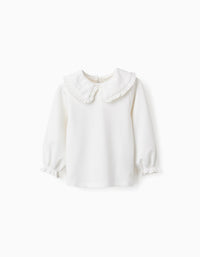 Camiseta con Cuello Claudine y Volantes para Bebé Niña, Blanco