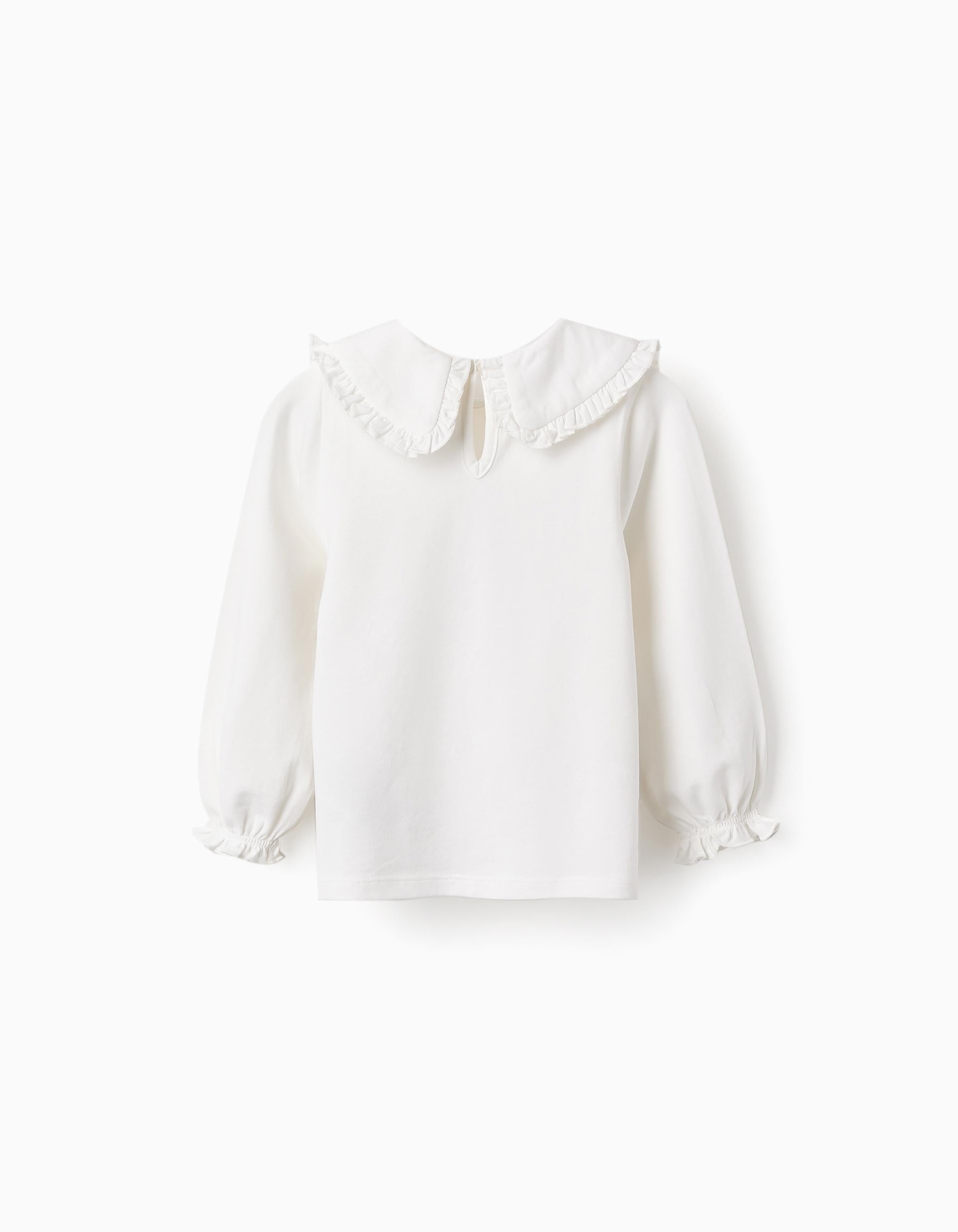 T-shirt with Peter Pan Collar and Frills for Baby Girls, White