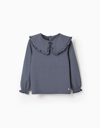 T-shirt de Manga Comprida às Riscas para Menina, Azul/Branco