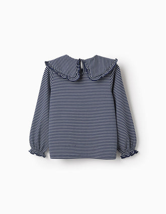 T-shirt de Manga Comprida às Riscas para Menina, Azul/Branco