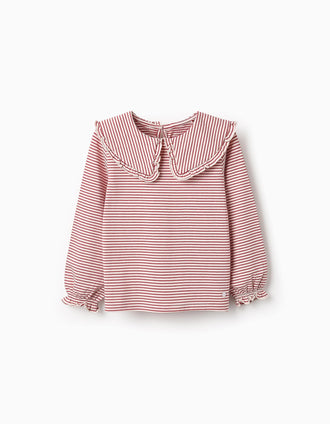 T-shirt de Manga Comprida às Riscas para Menina, Vermelho/Branco