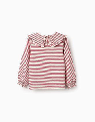 T-shirt de Manga Comprida às Riscas para Menina, Vermelho/Branco