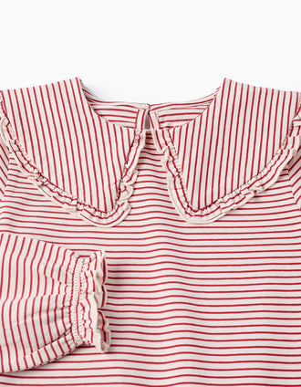 T-shirt de Manga Comprida às Riscas para Menina, Vermelho/Branco