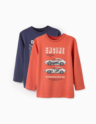 Pack 2 Camisetas de Manga Larga para Niño 'Engine', Azul/Naranja