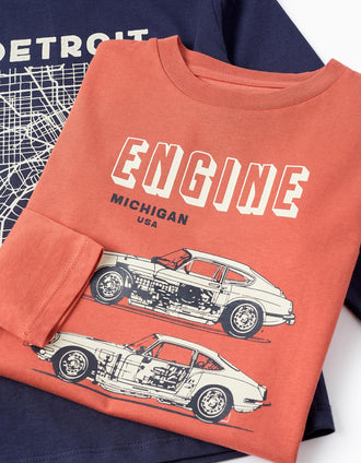 Pack 2 Camisetas de Manga Larga para Niño 'Engine', Azul/Naranja