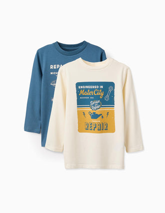 Pack 2 Camisetas de Manga Larga para Niño 'Motor', Blanco/Turquesa