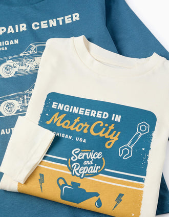 Pack 2 T-shirts de Manches Longues pour Garçon 'Motor', Blanc/Turquoise