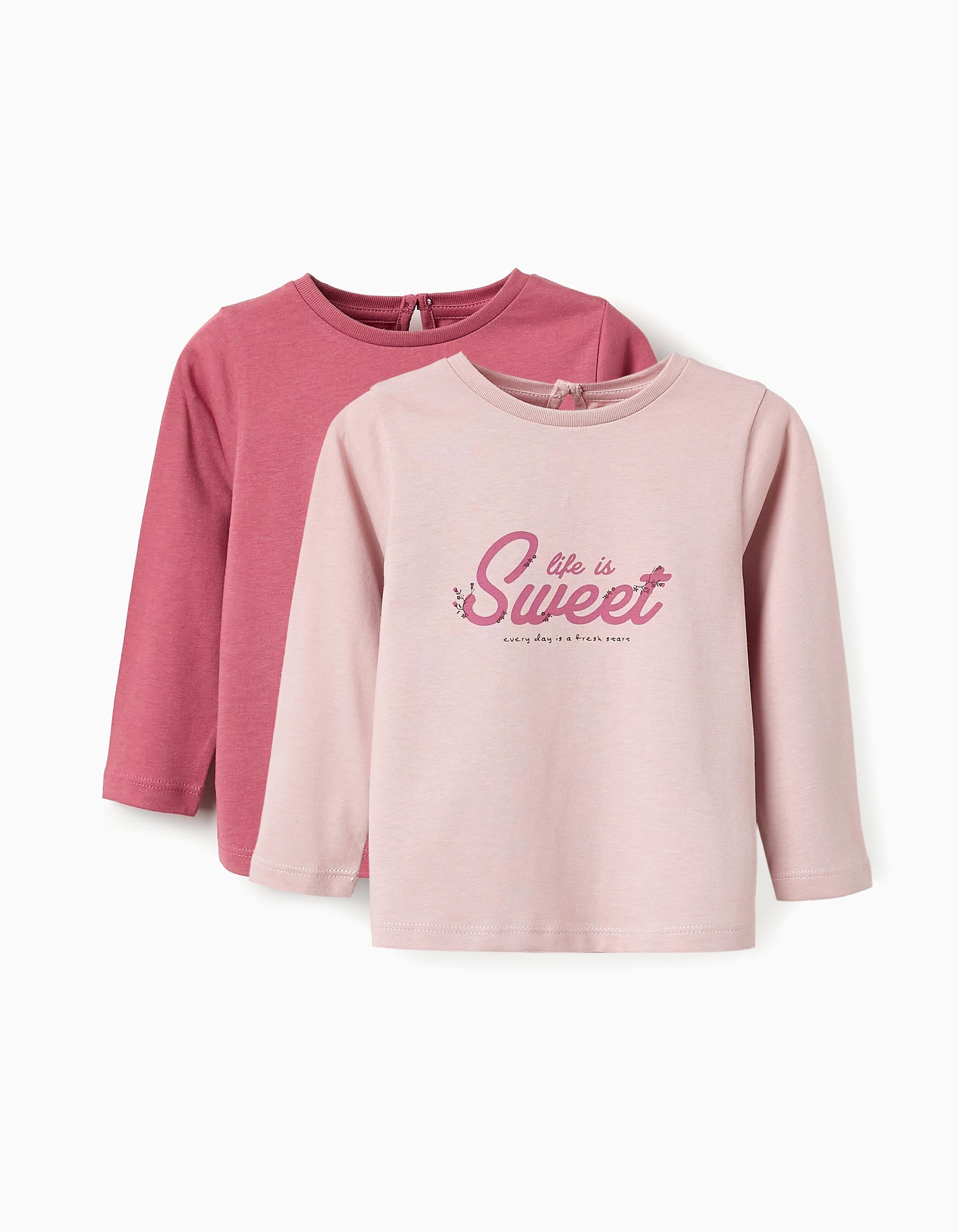 2 Long-sleeved Cotton T-shirts for Baby Girls 'Sweet', Pink