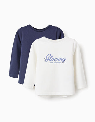 Pack 2 Camisetas de Manga Larga para Bebé Niña 'Glow', Blanco/Azul