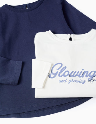 Pack 2 T-shirts de Manga Comprida para Bebé Menina 'Glow', Branco/Azul