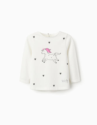 T-shirt de Manga Comprida para Bebé Menina 'Unicórnio', Branco