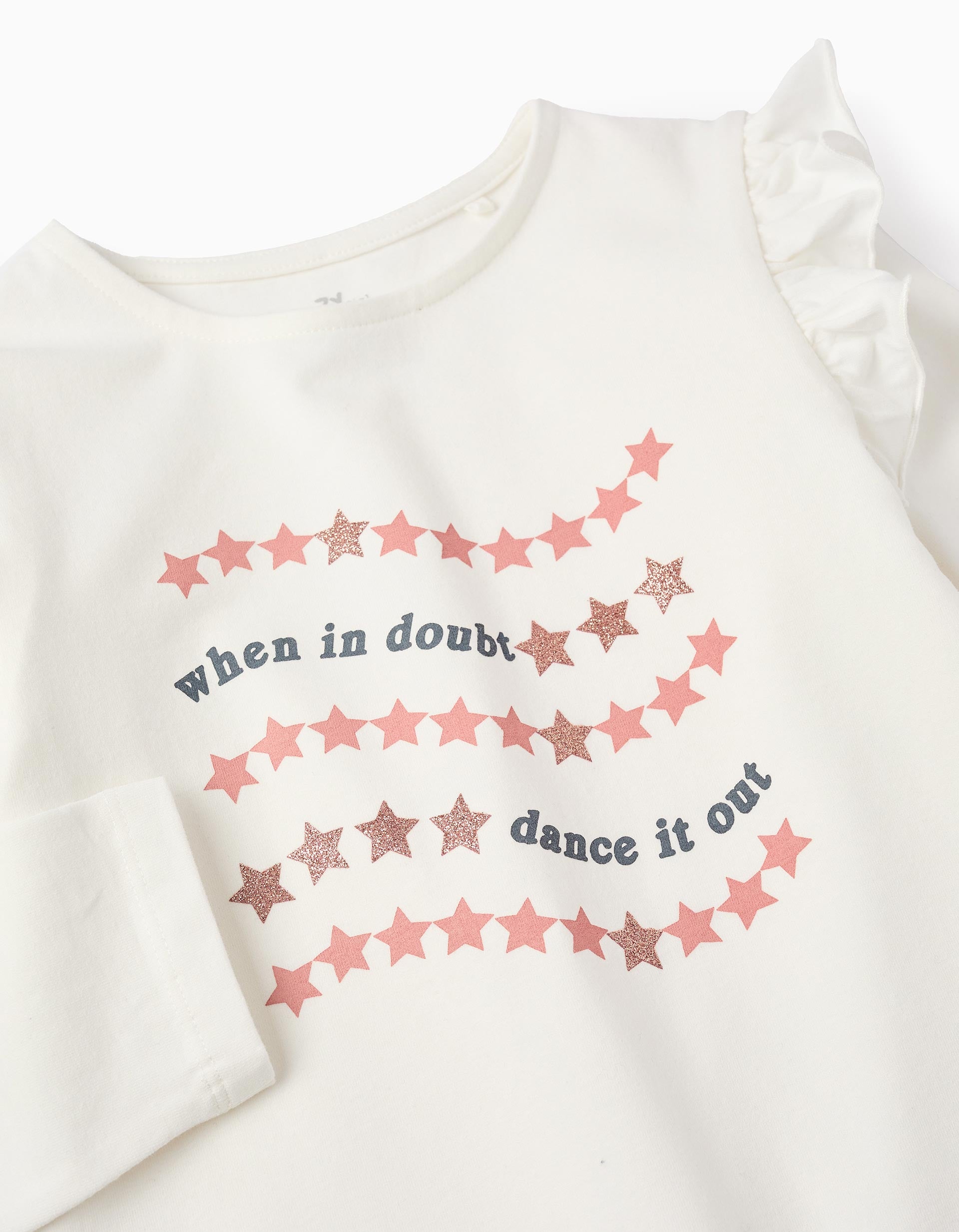 T-shirt à Manches Longues avec Volants et Paillettes pour Fille, Blanc