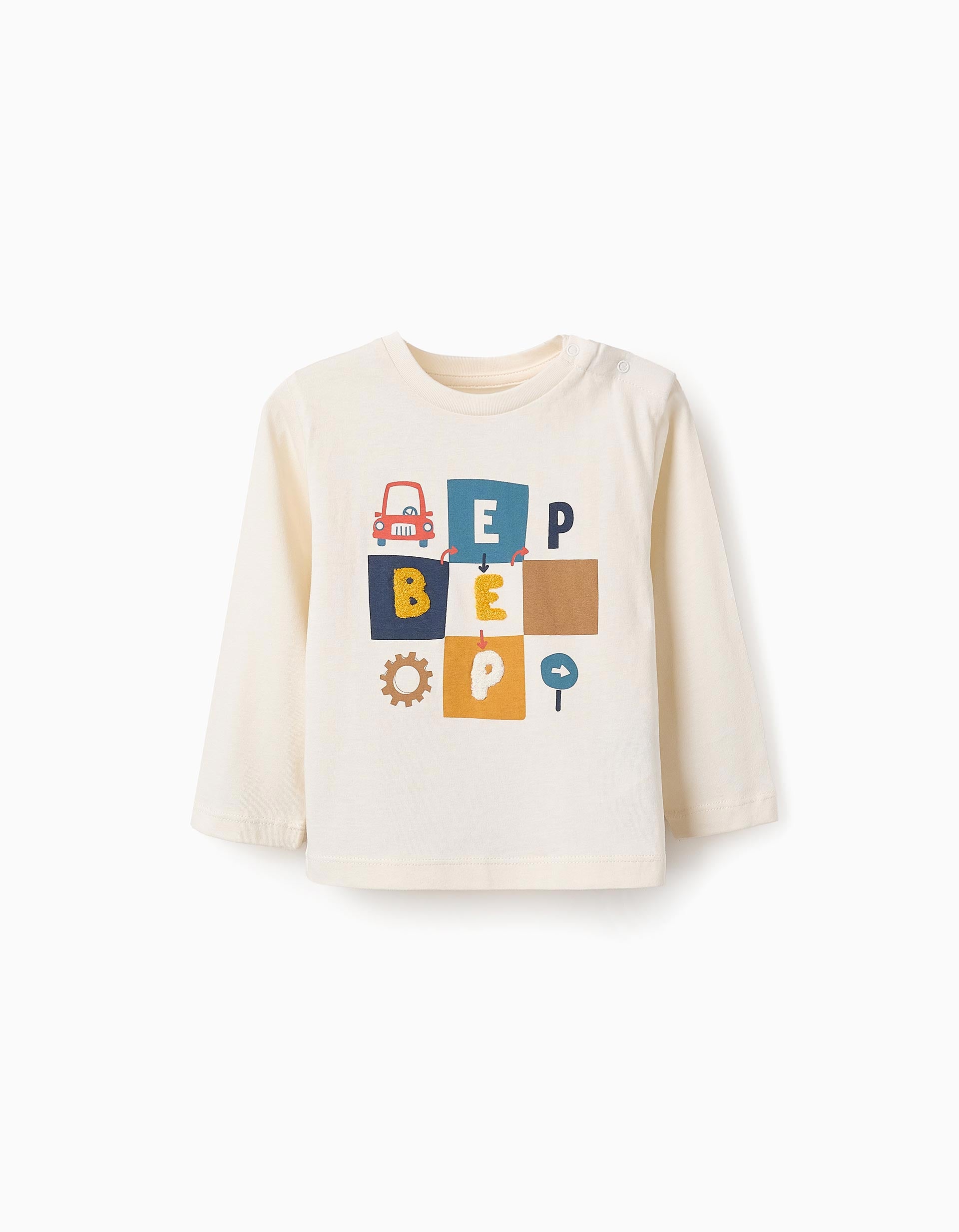 Long Sleeve Cotton T-shirt for Baby Boys 'Beep', Beige