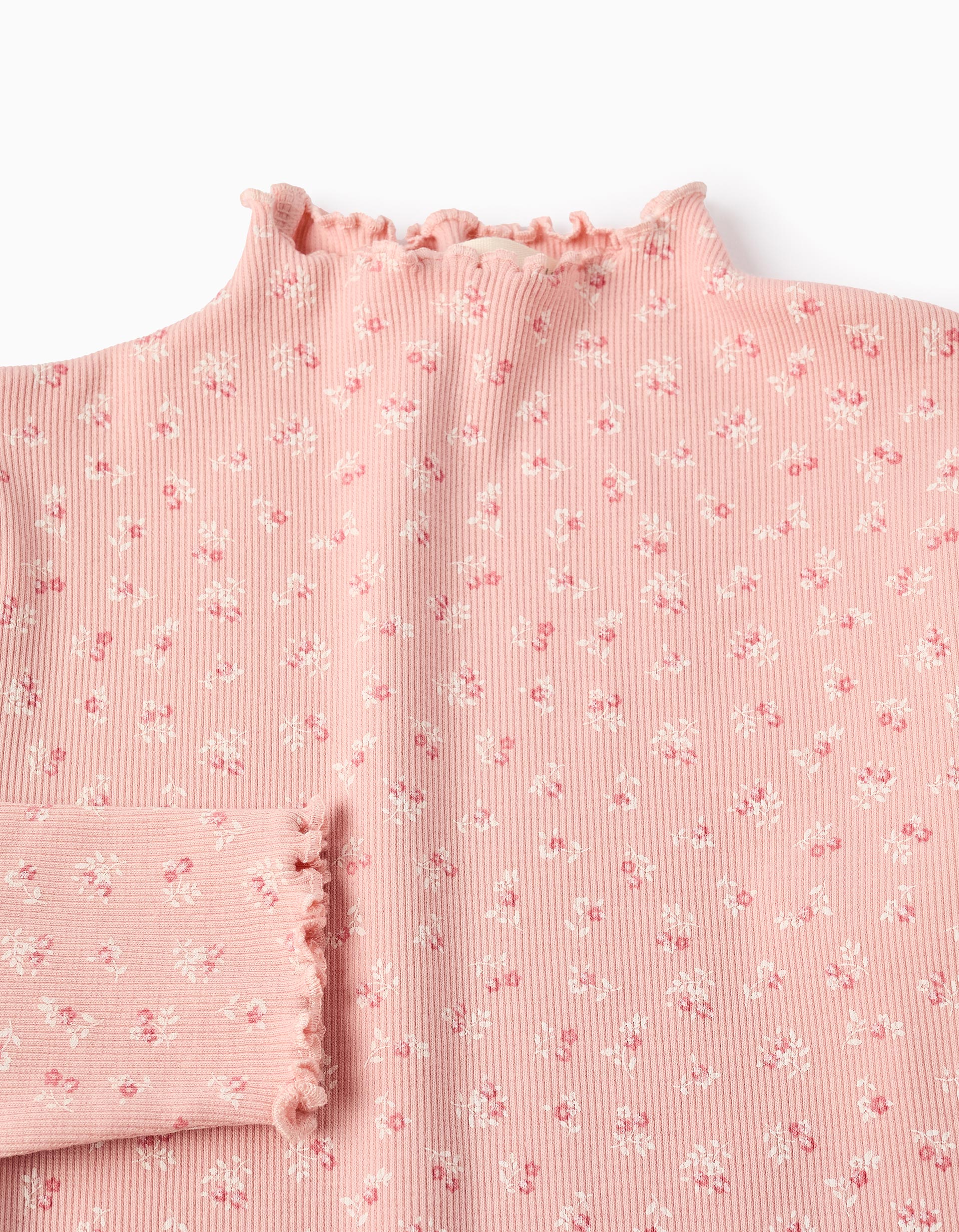 T-shirt Côtelé Floral à Manches Longues pour Fille, Rose