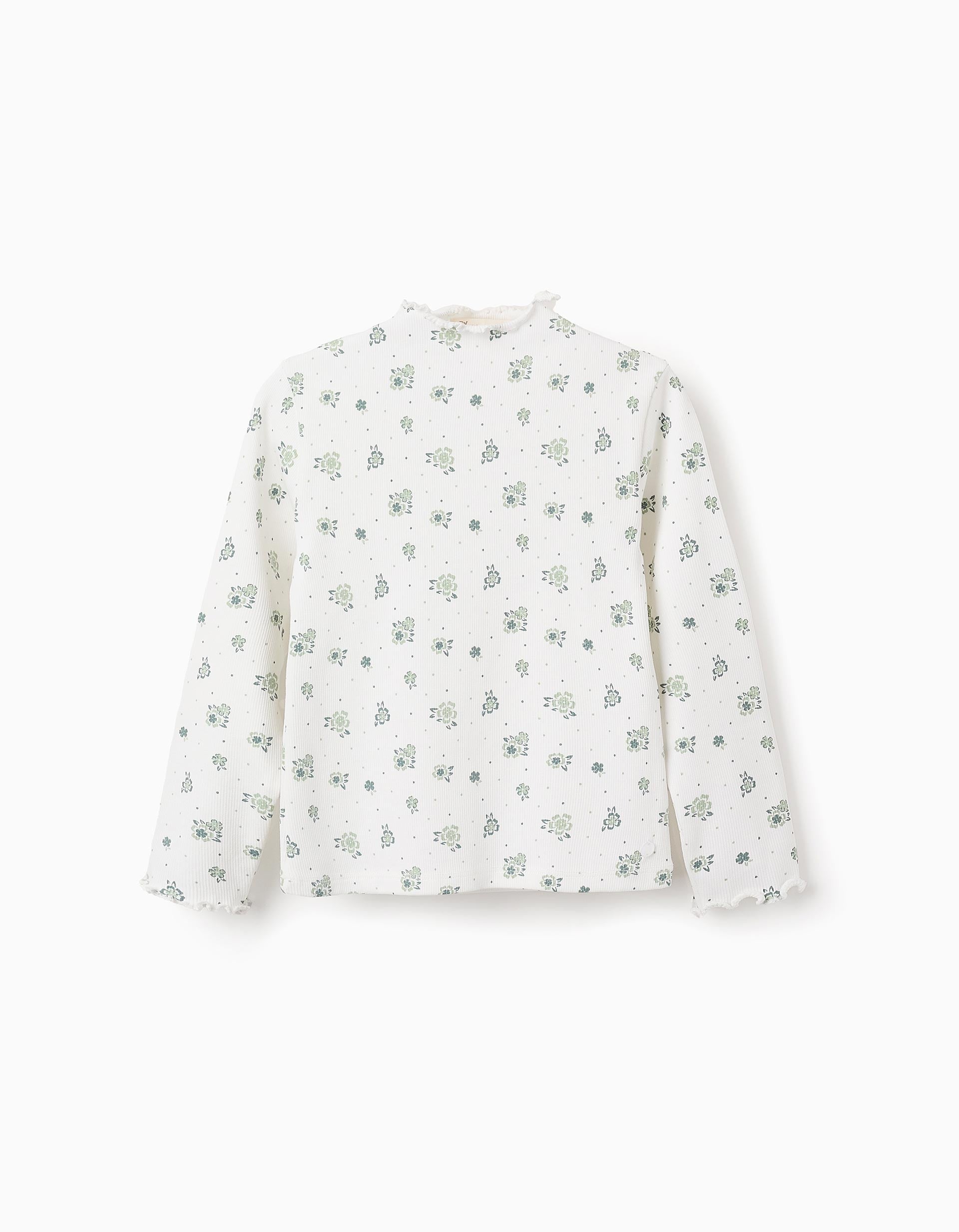 T-shirt Côtelée Florale à Manches Longues pour Fille, Blanc/Vert