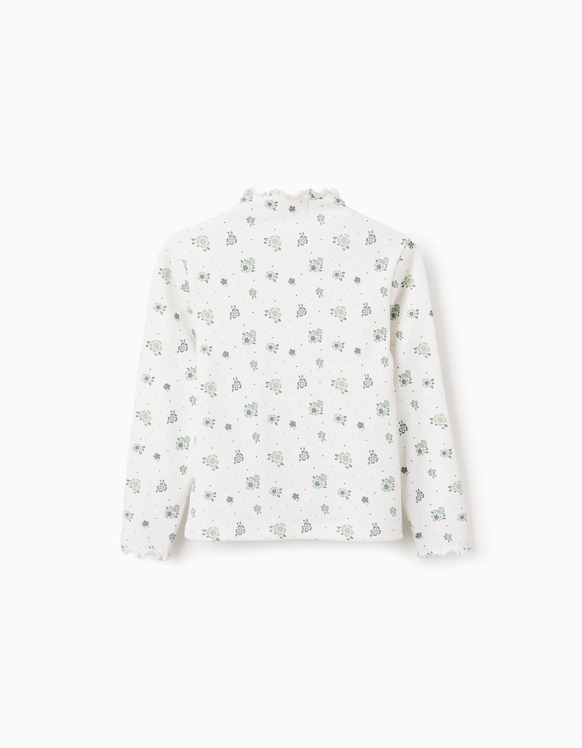 T-shirt Côtelée Florale à Manches Longues pour Fille, Blanc/Vert