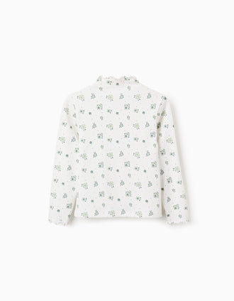 Camiseta Canalé Floral de Manga Larga para Niña, Blanco/Verde