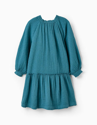 Vestido de Bambula en Algodón para Niña, Turquesa