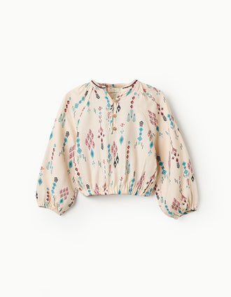 Camisa de Algodón con Estampado para Niña, Beige