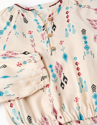 Camisa de Algodón con Estampado para Niña, Beige