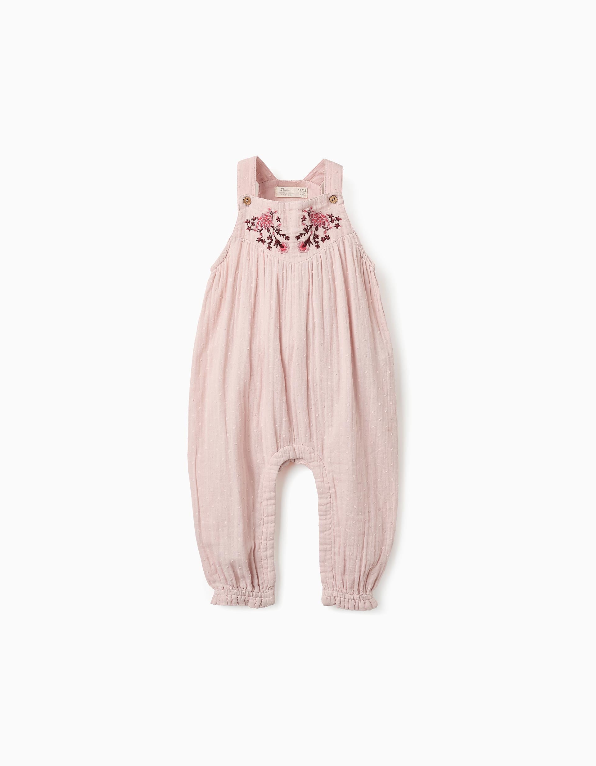 Cotton Jumpsuit with Flower Embroidery for Baby Girls, Pink