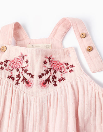 Combi-short en Coton avec Broderies de Fleurs pour Bébé Fille, Rose