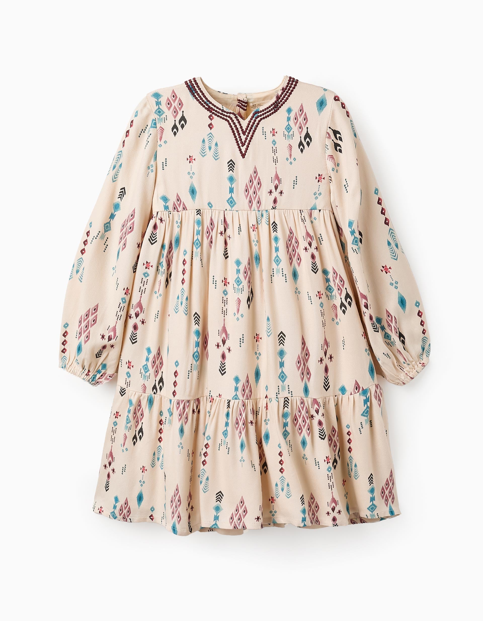 Dress with Pattern and Embroidery for Girls, Beige