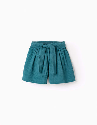 Calções em Bambula de Algodão com Cinto para Menina, Azul