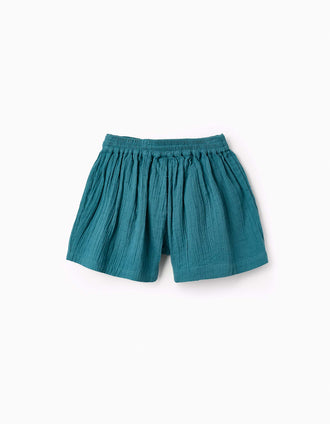 Calções em Bambula de Algodão com Cinto para Menina, Azul