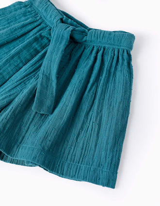 Calções em Bambula de Algodão com Cinto para Menina, Azul