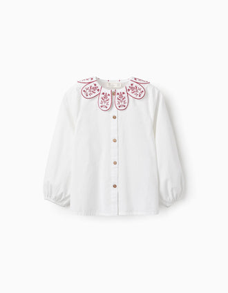 Camisa de Algodón con Cuello Flor para Niña, Blanco/Rosa