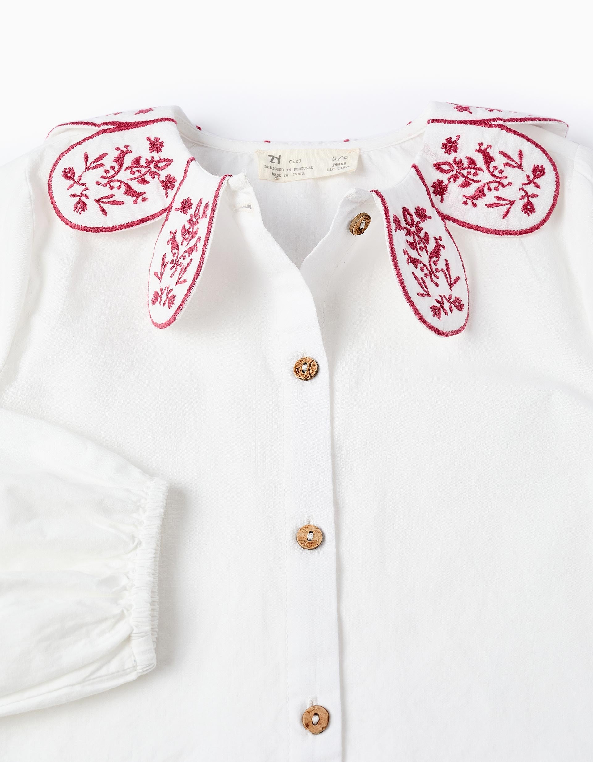 Cotton Shirt with Flower Collar for Girls, White/Pink