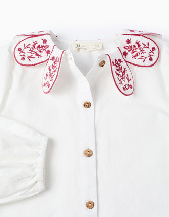 Camisa de Algodón con Cuello Flor para Niña, Blanco/Rosa