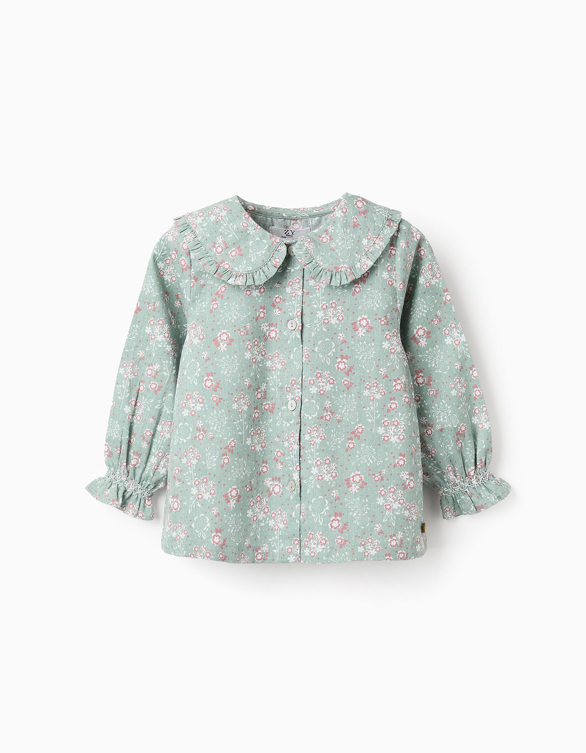 Floral Cotton Shirt with Ruffles for Baby Girls, Green