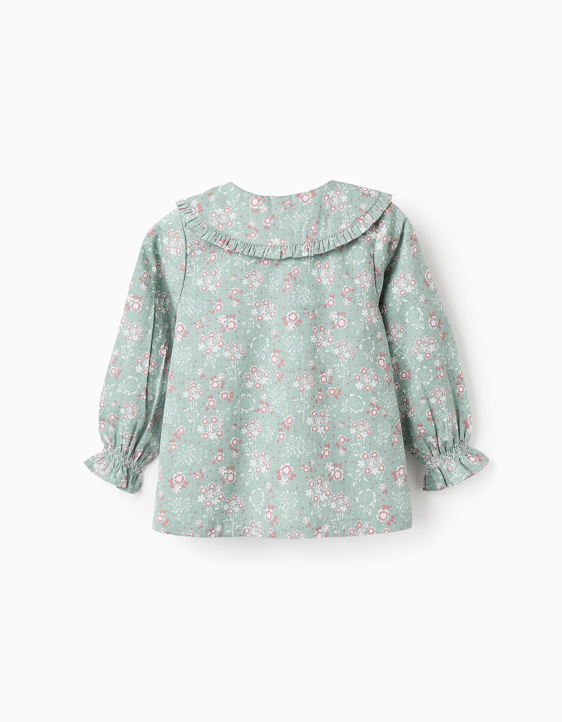 Floral Cotton Shirt with Ruffles for Baby Girls, Green