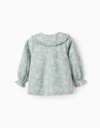 Camisa de Algodão Floral e com Folhos para Bebé Menina, Verde