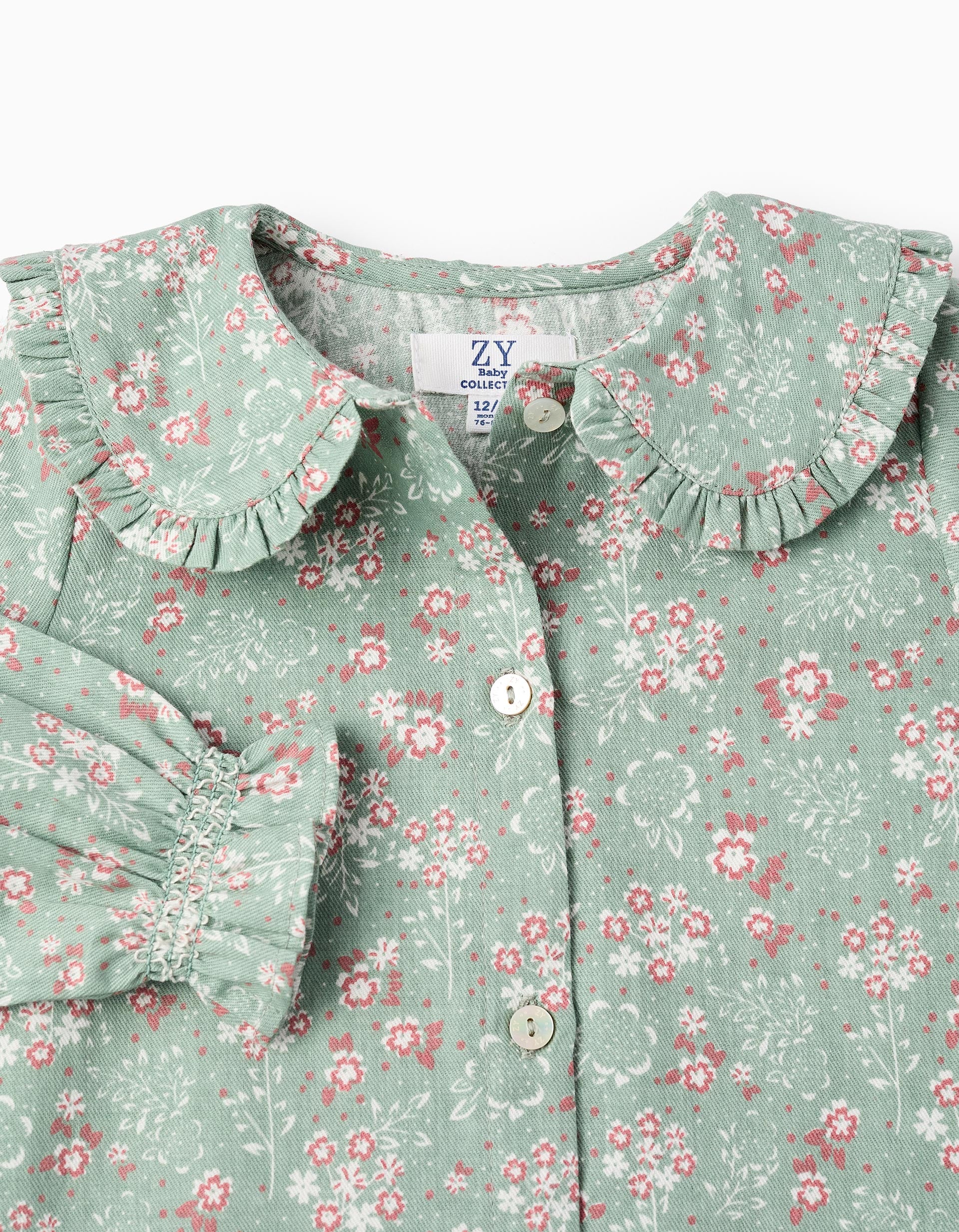 Floral Cotton Shirt with Ruffles for Baby Girls, Green