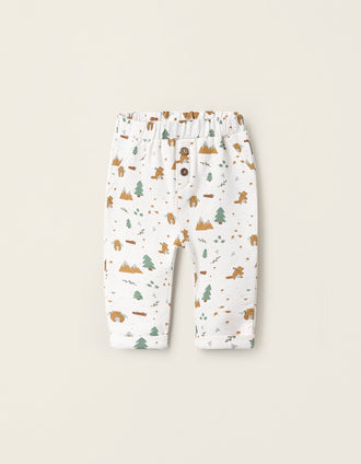 Pantalón Perchado con Motivo para Recién Nacido, Blanco