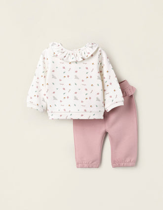 Sweat + Calças Cardados para Recém-Nascida 'Folhas', Rosa/Branco