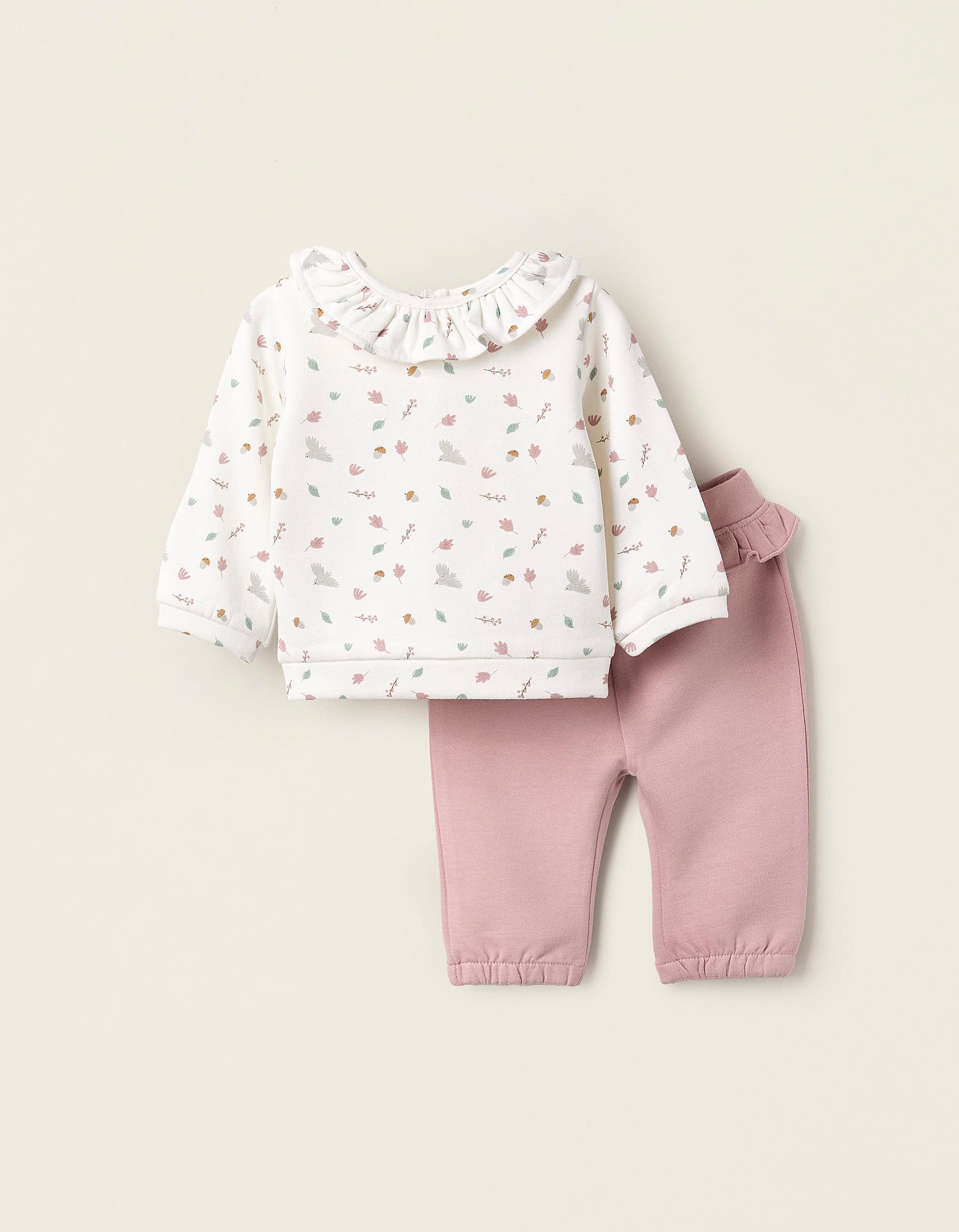 Sweatshirt + Footed Trousers for Newborn Girls 'Leaves', Pink/White