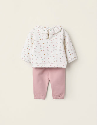 Sweat + Calças Cardados para Recém-Nascida 'Folhas', Rosa/Branco