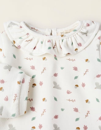Sweat + Calças Cardados para Recém-Nascida 'Folhas', Rosa/Branco