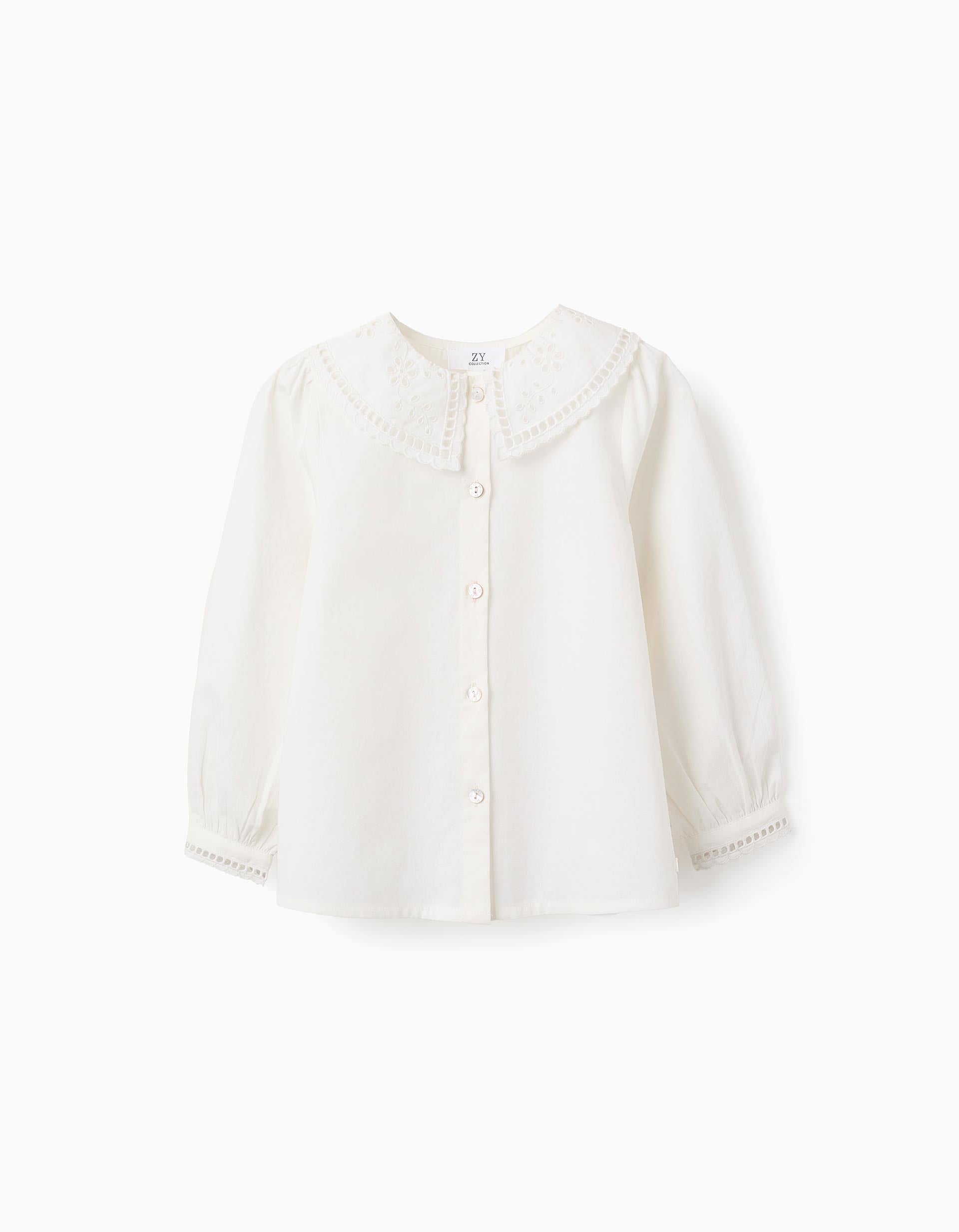 Cotton Shirt with Broderie Anglaise for Girls, White